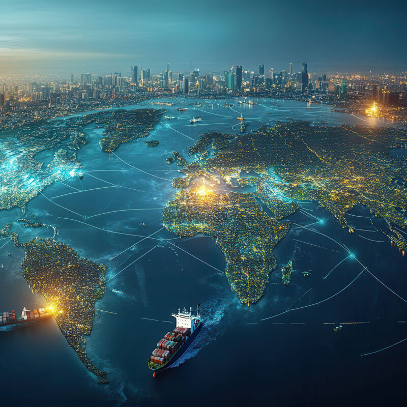 Global shipping containers representing real-time asset visibility and cargo security in transit powered by the Bloodhound Tracking Device.